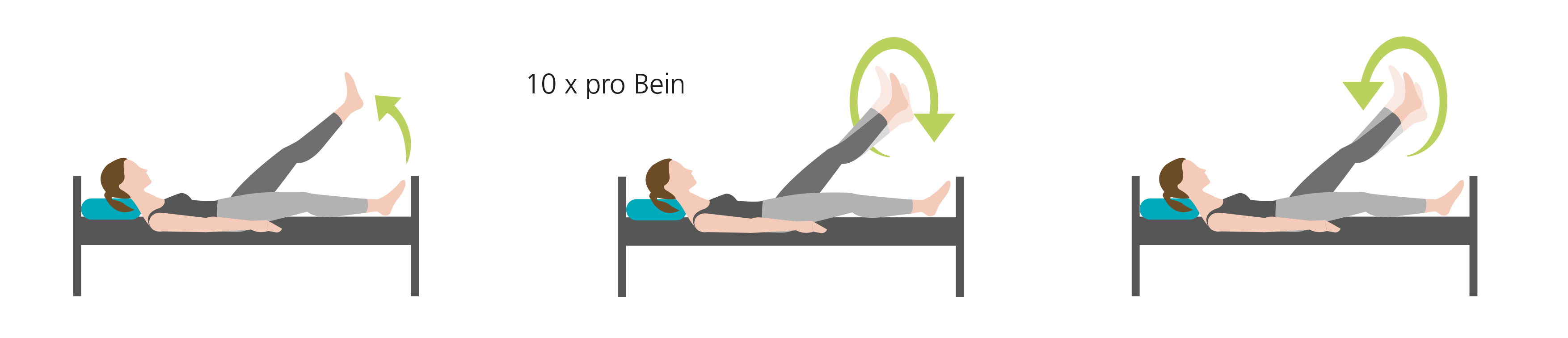 Illustration einer Person im Bett, die Beinübungen zur Kreislaufanregung durchführt.