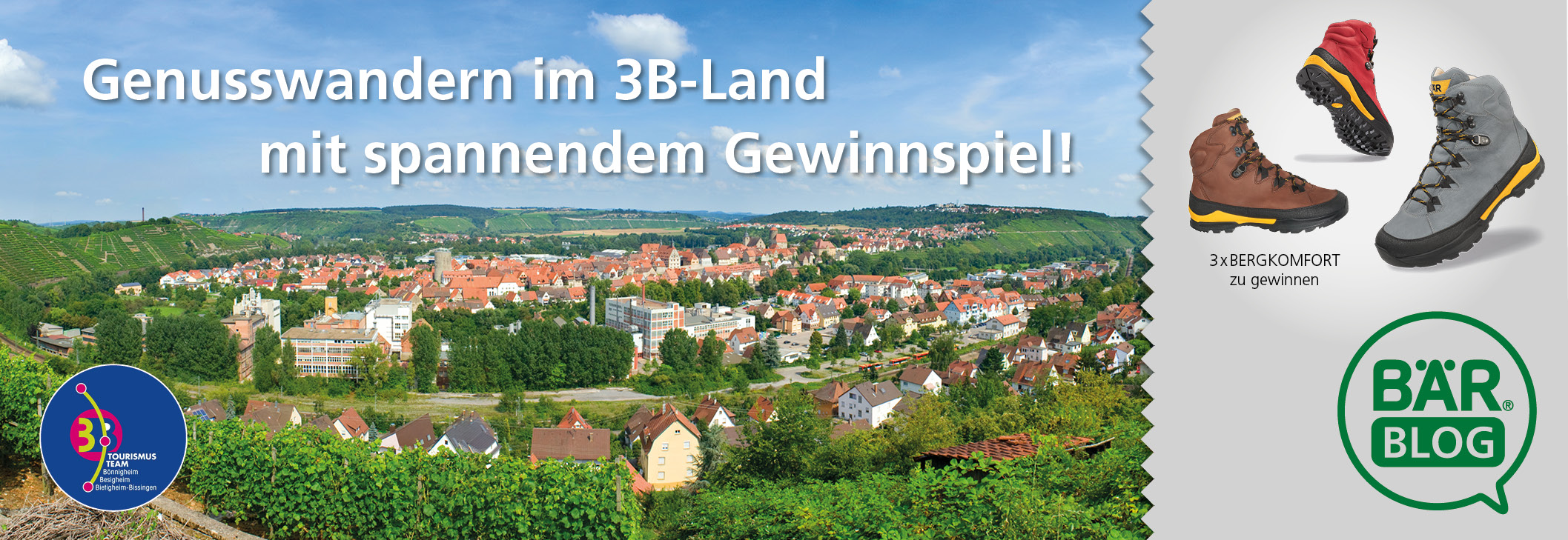 Panorama des 3B-Lands mit Text: Genusswandern im 3B-Land und spannendes Gewinnspiel mit Wanderstiefeln von BÄR zum Gewinnen