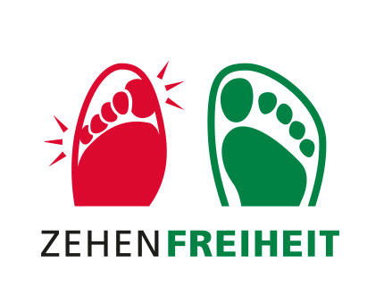 Zehenfreiheit Logo mit einem roten Fußsymbol links und einem grünen Fußsymbol rechts, darunter der Text 'ZEHENFREIHEIT'