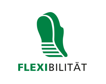 Logo mit grünem Fußabdruck und dem Wort Flexibilität