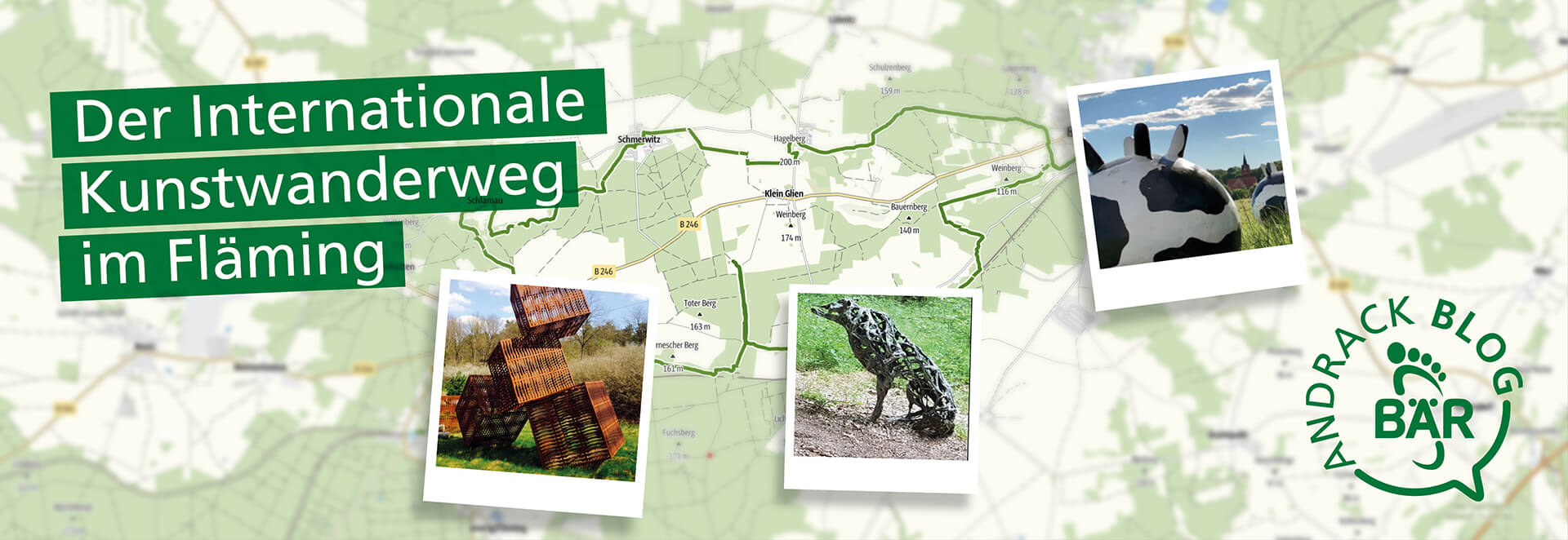 Karte des Internationalen Kunstwanderwegs im Fläming mit Fotos von Skulpturen