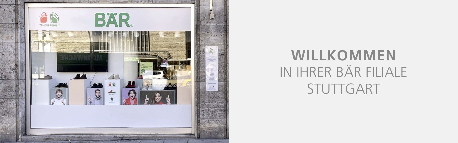 Schaufenster der BÄR Filiale in Stuttgart mit Schuhpräsentation und Willkommensschild