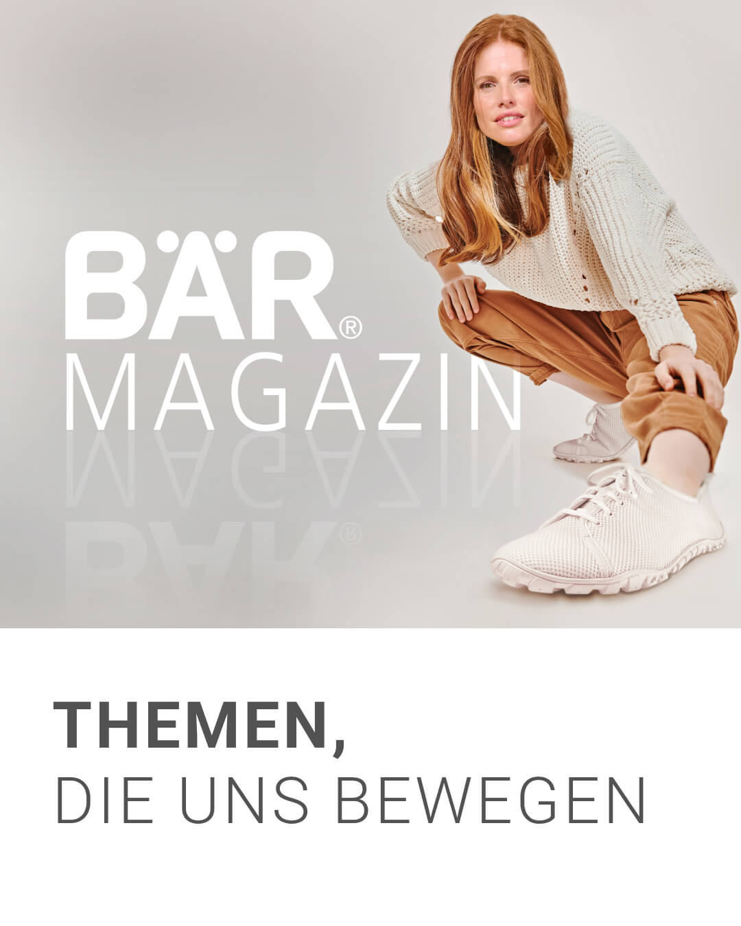 Eine Frau in bequemer Kleidung, die das BÄR Magazin repräsentiert und das Thema 'Themen, die uns bewegen' visualisiert.