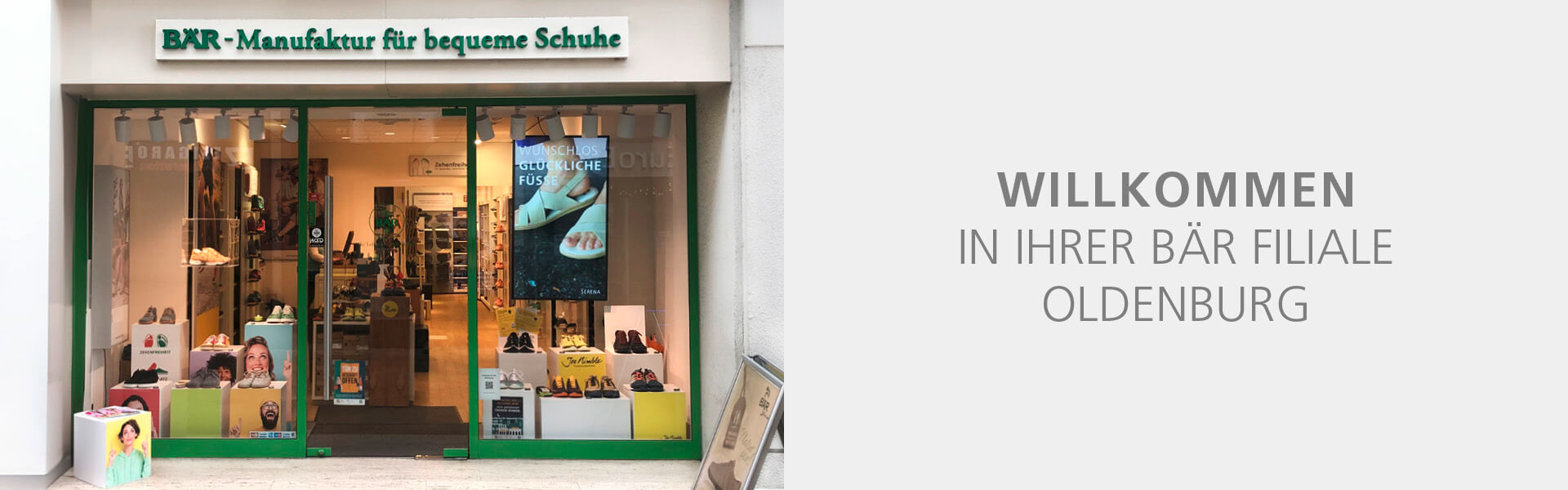 Geschäftseingang der BÄR-Manufaktur für bequeme Schuhe in Oldenburg mit Willkommensschild