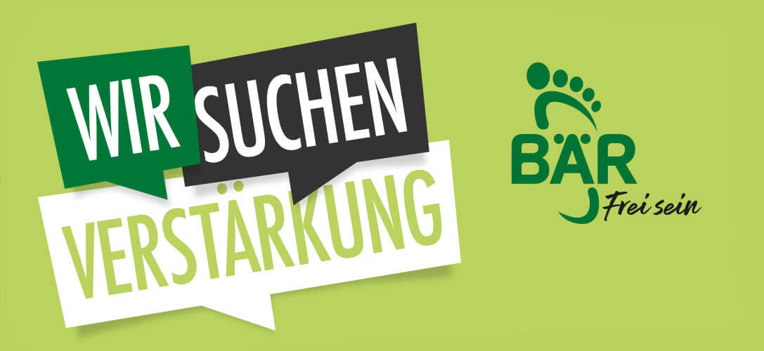 Grafik mit den Worten 'Wir suchen Verstärkung' und dem Logo von BÄR Schuhe