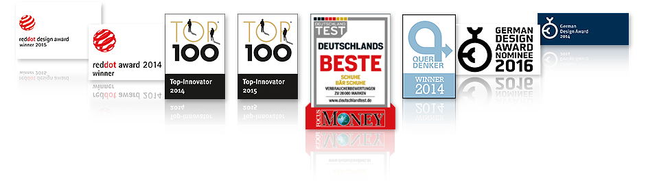 Eine Sammlung von Auszeichnungen, darunter der Red Dot Design Award und der German Design Award, die Erfolge in Design und Innovation hervorheben.