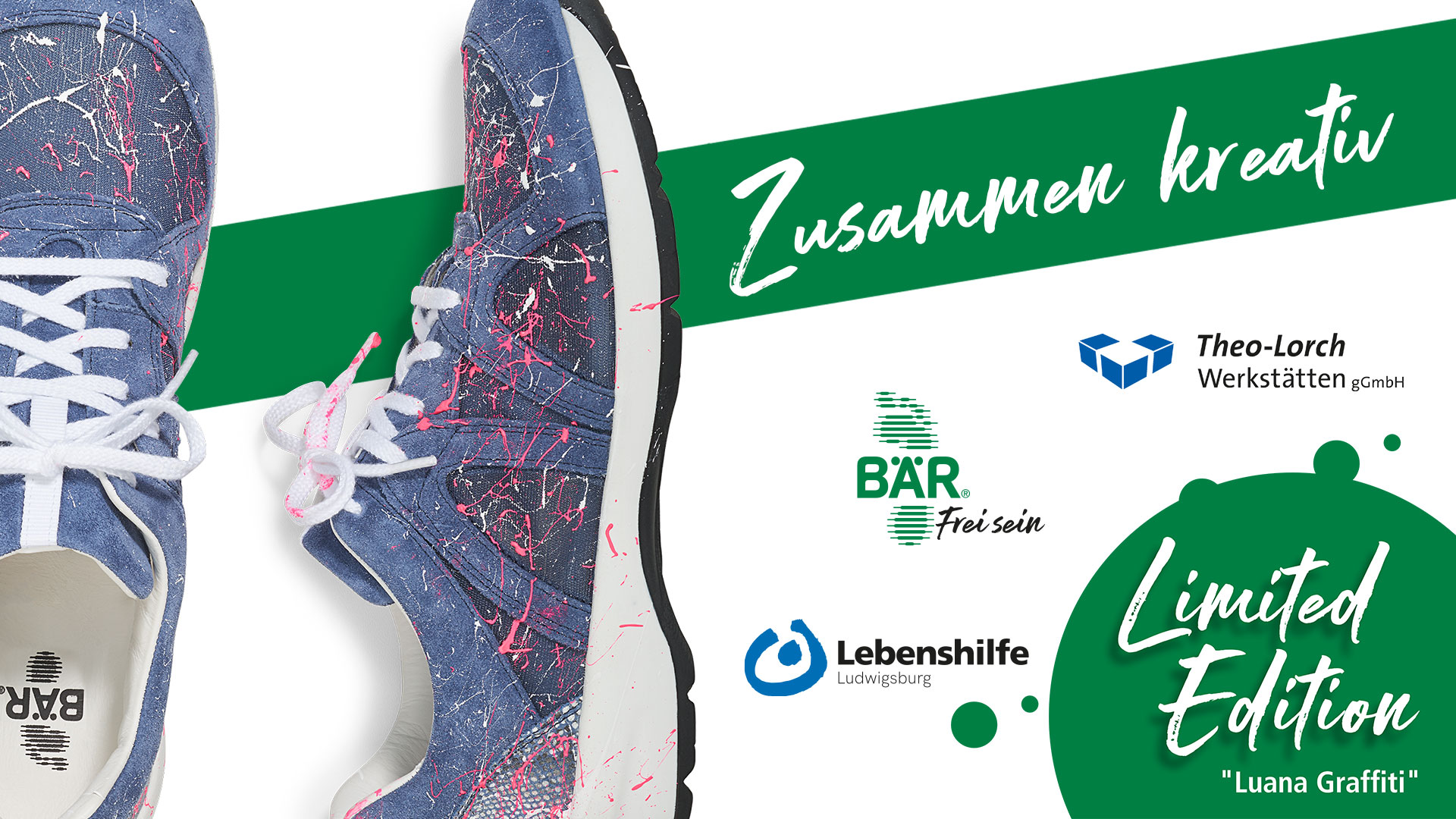 Blau-weiße Sneakers mit pink-weißem Farbmuster, Bär Schuhe und Theo-Lorch Werkstätten Logos, Limited Edition 'Luana Graffiti'