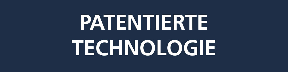 Weißer Text 'Patentierte Technologie' auf dunkelblauem Hintergrund