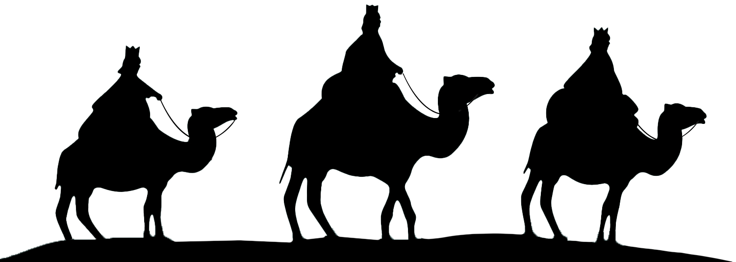 Schwarze Silhouette der drei Weisen aus dem Morgenland, die auf Kamelen reiten