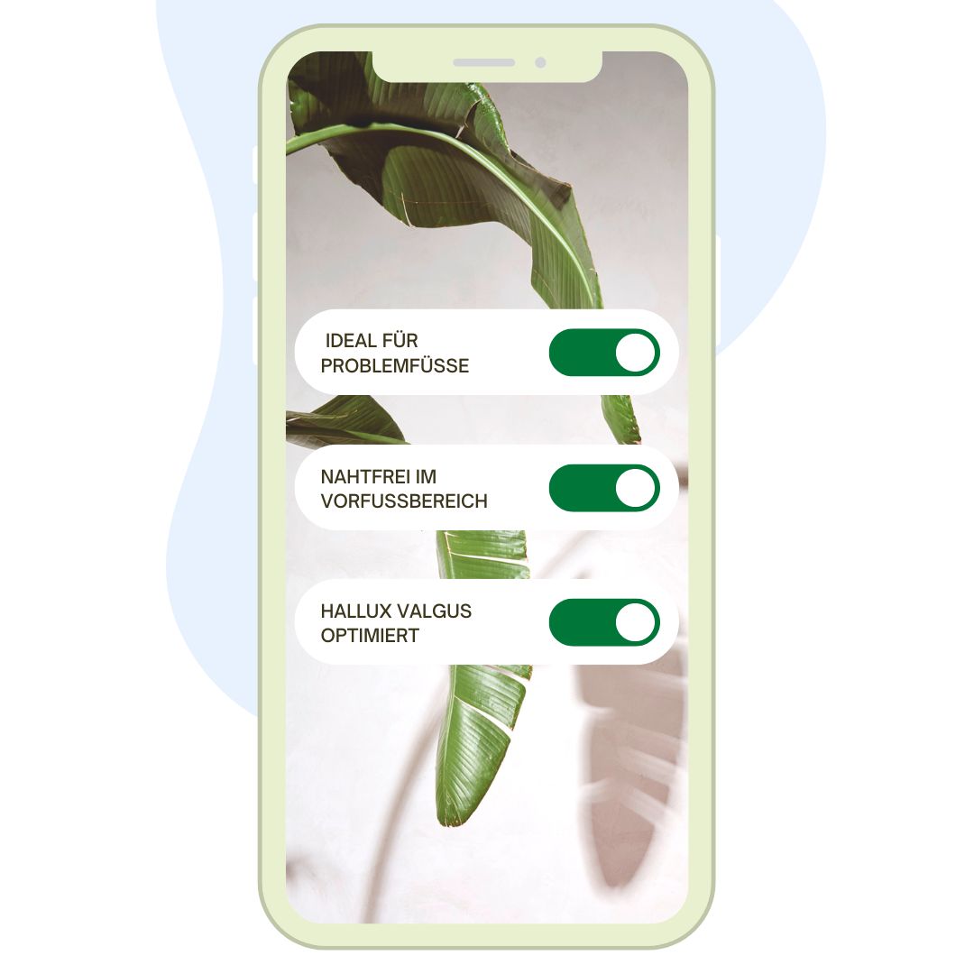 Smartphone-Bildschirm mit Optionen für Schuhe, ideal für Problemfüße, nahtfrei im Vorfußbereich und Hallux Valgus optimiert