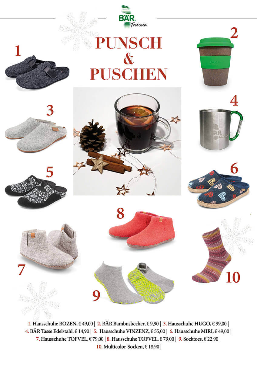 Anzeige für verschiedene Hausschuhe, Becher und Socken: Hausschuhe Bozen, Bambusbecher, Tasse Edelstahl, Hausschuhe Vinzenz, MIRI, TOFVEL, Multicolor-Socken