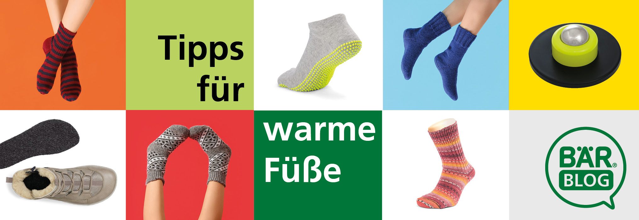 Collage mit verschiedenen bunten Socken und Einlegesohlen für warme Füße, präsentiert im BÄR Blog