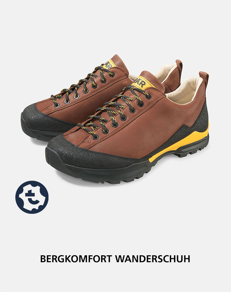 Hochwertige braune Wanderschuhe mit schwarzer Sohle und gelben Details