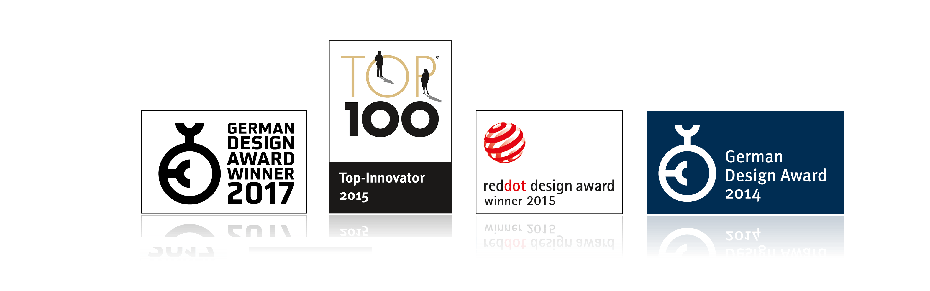 Bilder von Auszeichnungen: German Design Award 2017, Top-Innovator 2015, Red Dot Design Award 2015, German Design Award 2014