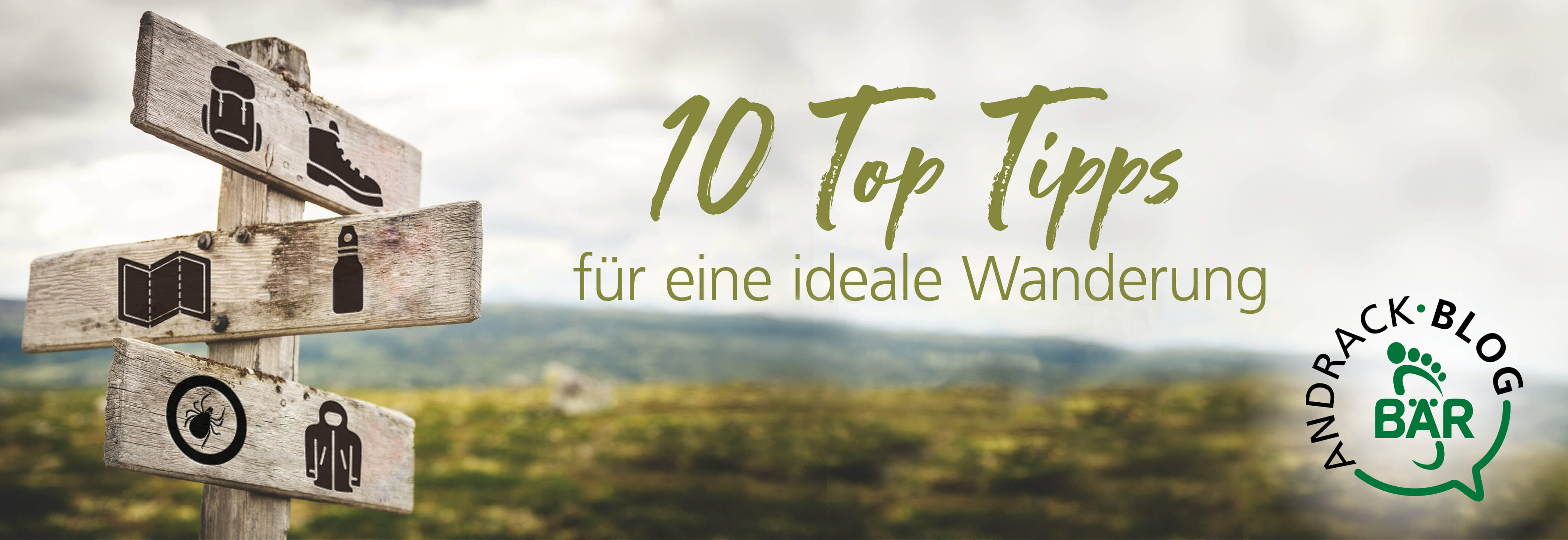Holzwegweiser mit Wandersymbolen und Text '10 Top Tipps für eine ideale Wanderung' im Andrack Blog