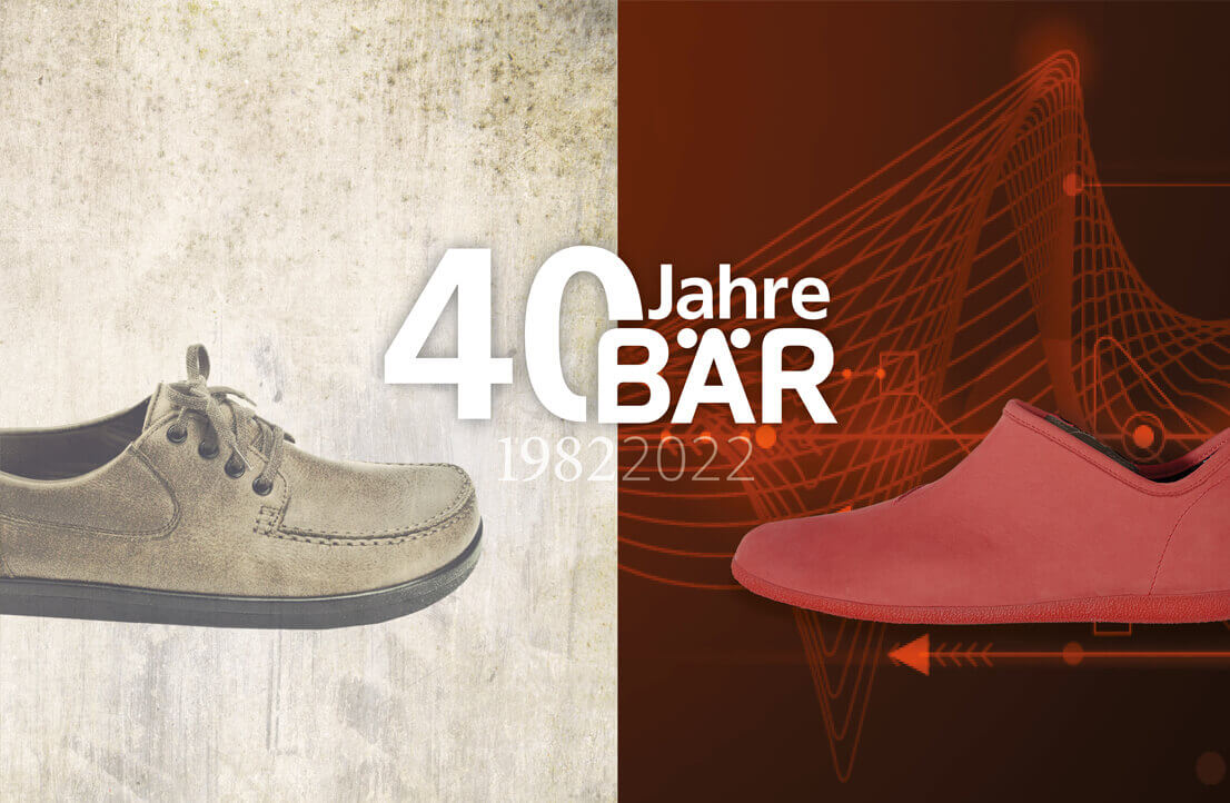 Jubiläumsbild von BÄR Schuhe zum 40-jährigen Bestehen, zeigt einen klassischen und einen modernen Schuh.