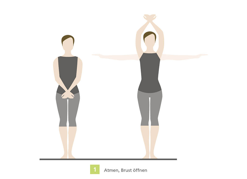 Illustration von zwei Personen in Yoga-Posen, öffnen der Brust und Anheben der Arme zur Atemübung