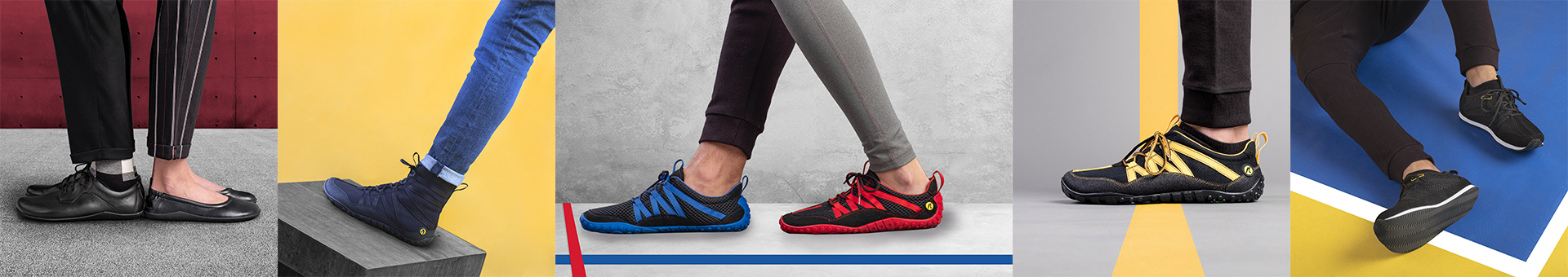 Kollektion von Freizeitschuhen in unterschiedlichen Farben und Designs auf verschiedenen Hintergründen