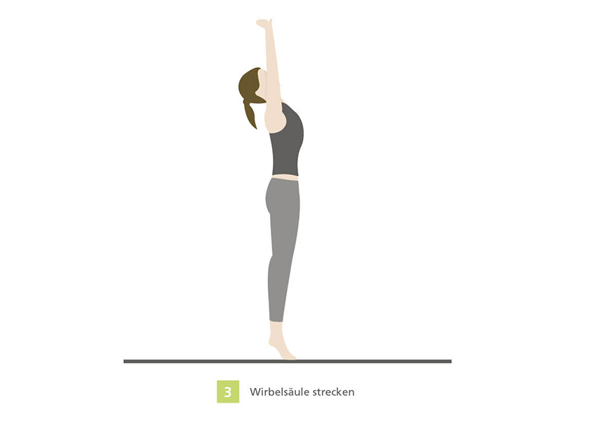 Illustration einer Person, die in der Yoga-Pose 'Wirbelsäule strecken' steht, mit den Armen nach oben gestreckt und auf den Zehenspitzen.