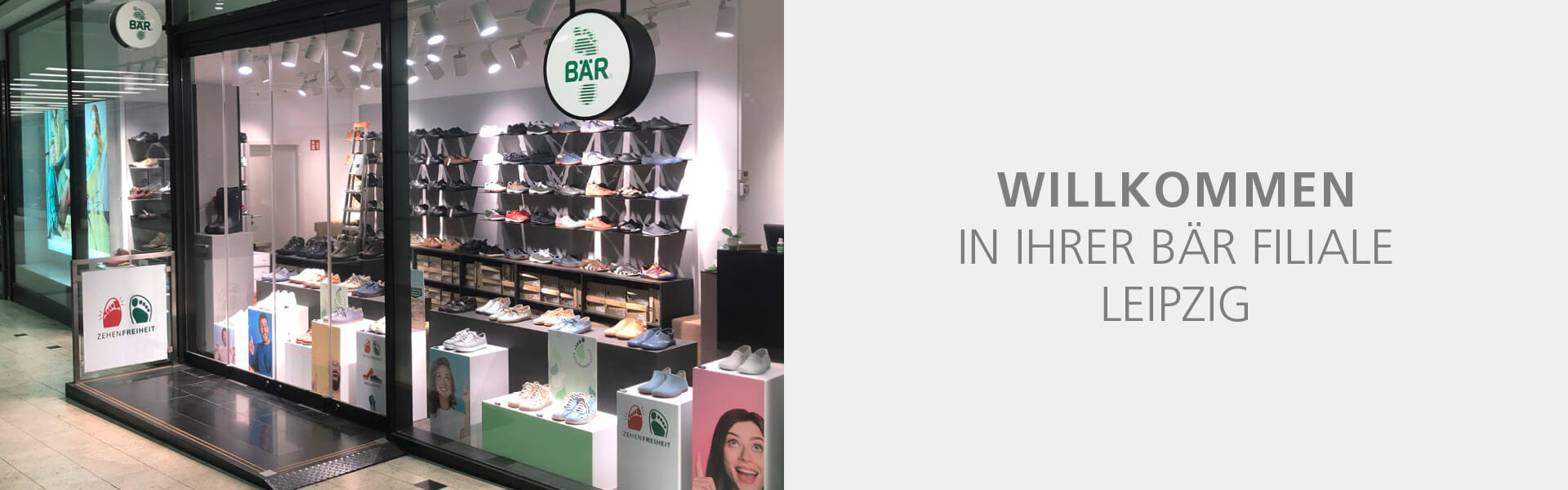 BÄR Filiale in Leipzig mit Schaufensterauslage und Schuhregalen