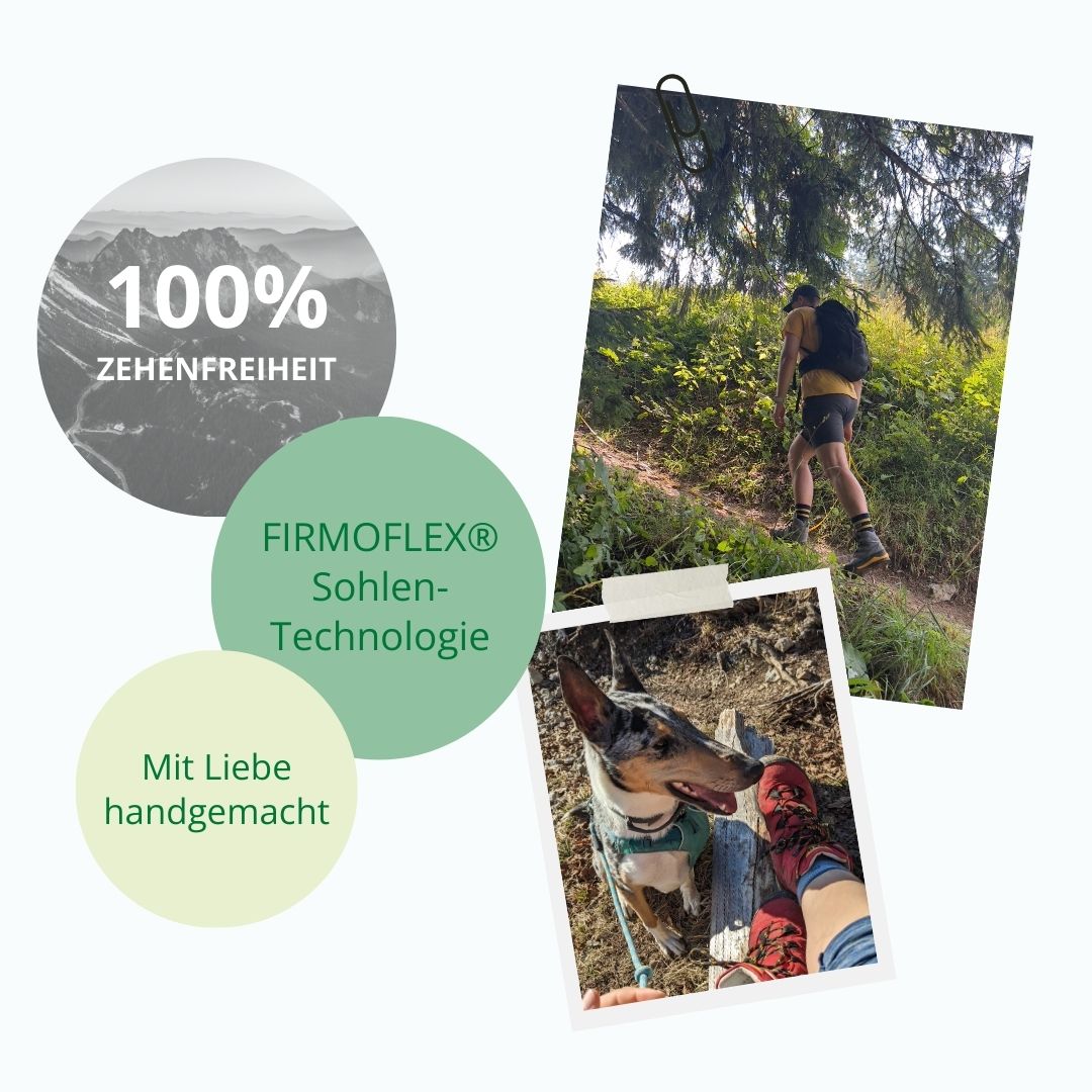 Person beim Wandern im Wald mit FIRMOFLEX® Schuhen, daneben ein Hund, umgeben von Slogans zur Zehenfreiheit und handgefertigten Schuhen