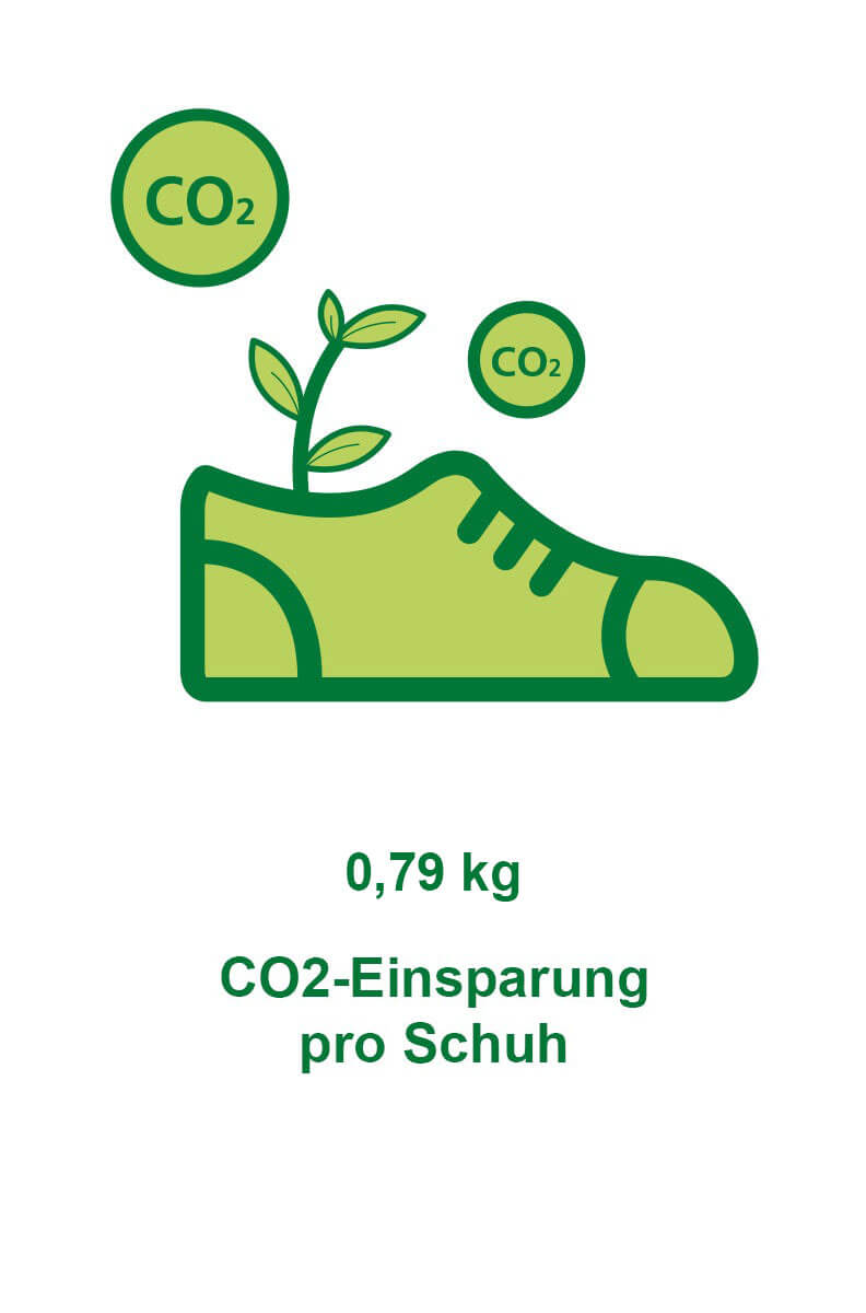 Grafik eines Schuhs mit Pflanze, zeigt CO2-Einsparung von 0,79 kg