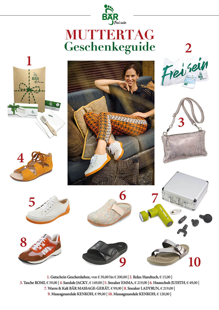 BÄR Muttertags-Geschenkeguide mit verschiedenen Produkten wie Schuheinlagen, Relax-Handtuch, Damenhandtasche und Sneakern