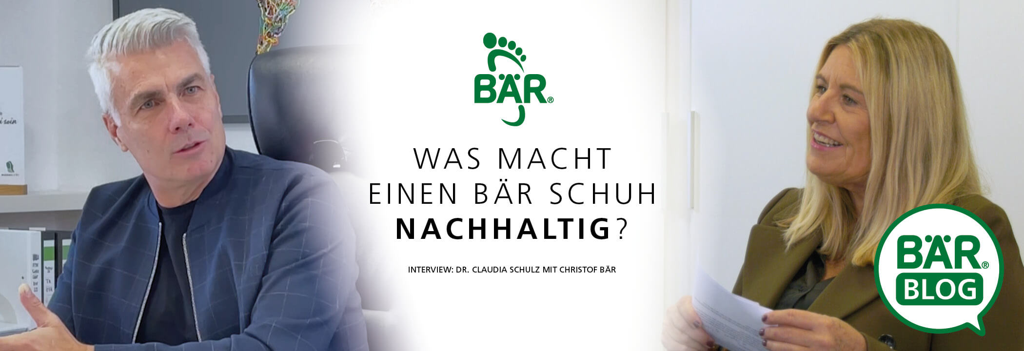 Interview zwischen Dr. Claudia Schulz und einem Mann über Nachhaltigkeit bei BÄR Schuhen