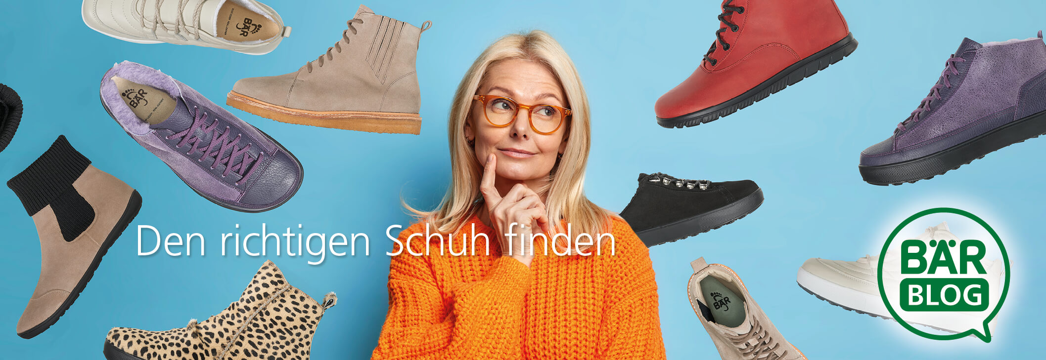 Eine blonde Frau im orangefarbenen Pullover denkt nach, umgeben von verschiedenen Schuhmodellen auf blauem Hintergrund. Text: Den richtigen Schuh finden.