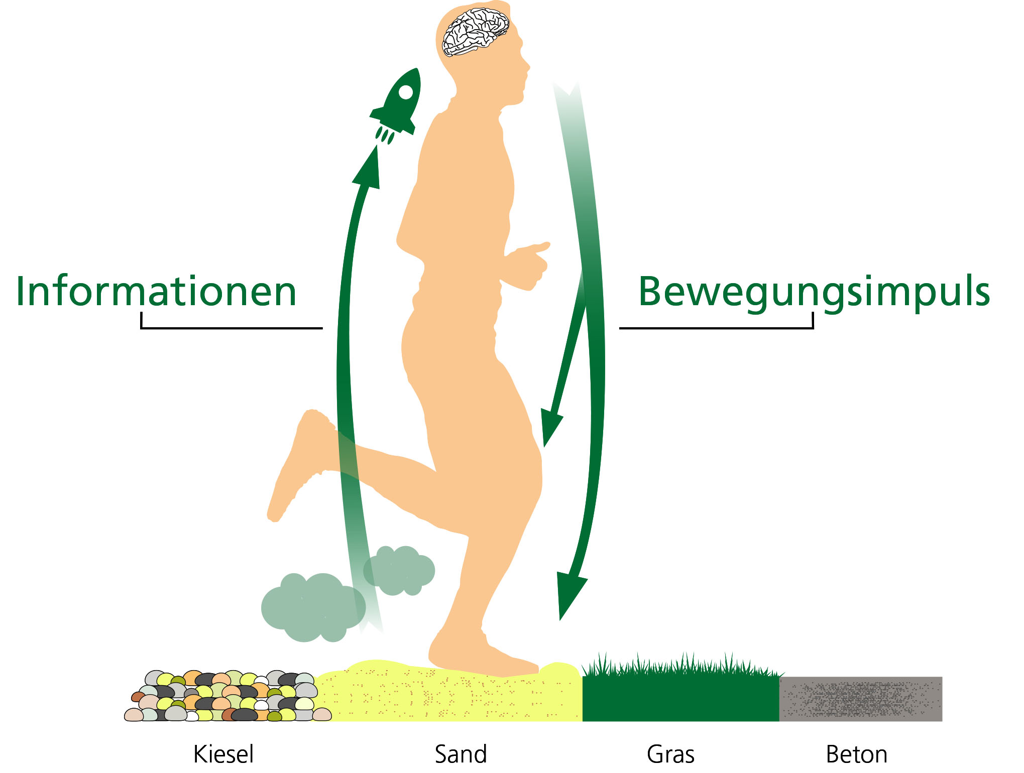 Schema eines laufenden Menschen, das Informationsfluss und Bewegungsimpuls beim Laufen über Kies, Sand, Gras und Beton zeigt