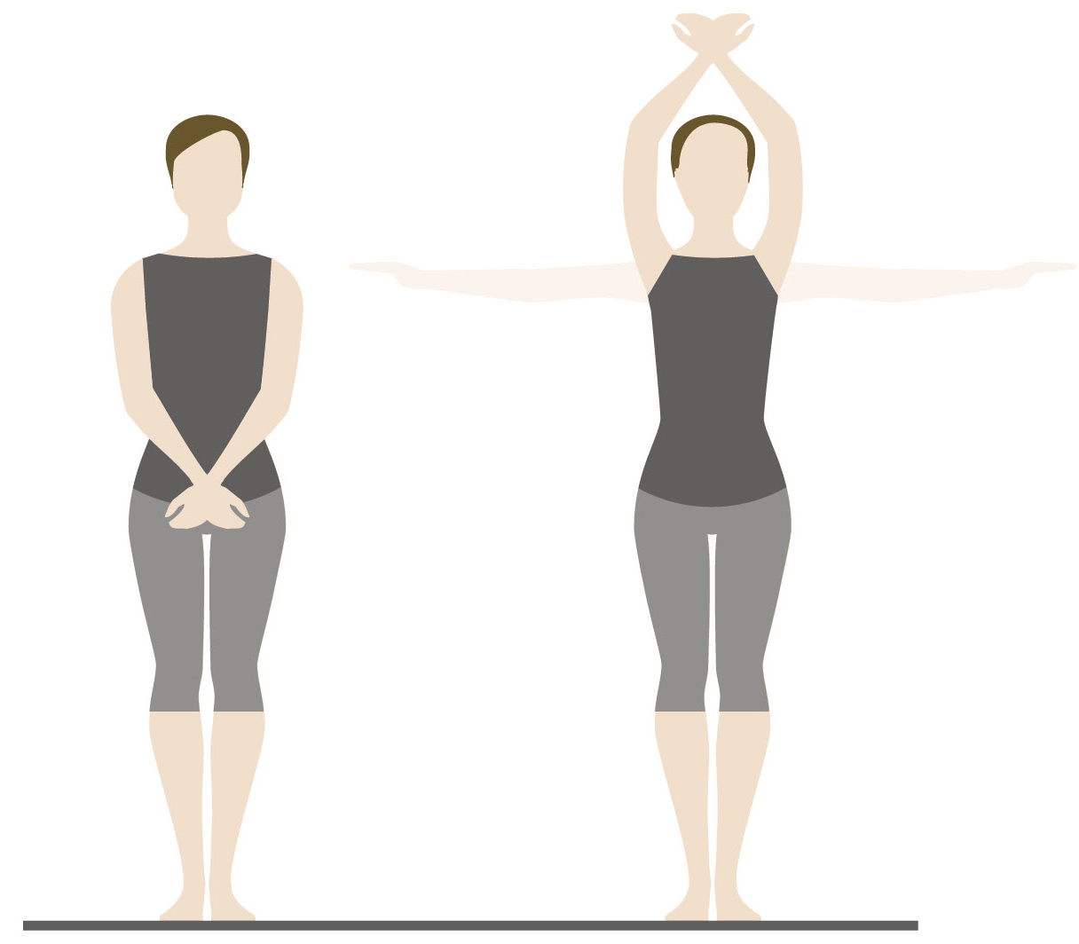 Illustration einer Person in zwei Yoga-Positionen, stehend mit variierter Armhaltung