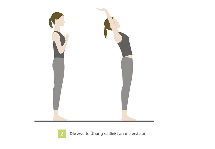 Illustration einer Person in zwei Yoga-Positionen. Links steht die Person aufrecht mit zusammengelegten Händen vor der Brust, rechts streckt sie die Arme nach oben und beugt den Rücken leicht zurück.