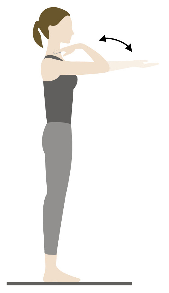 Grafik einer Frau, die eine Armdehnübung macht, mit ausgestrecktem Arm und gebeugtem Ellbogen