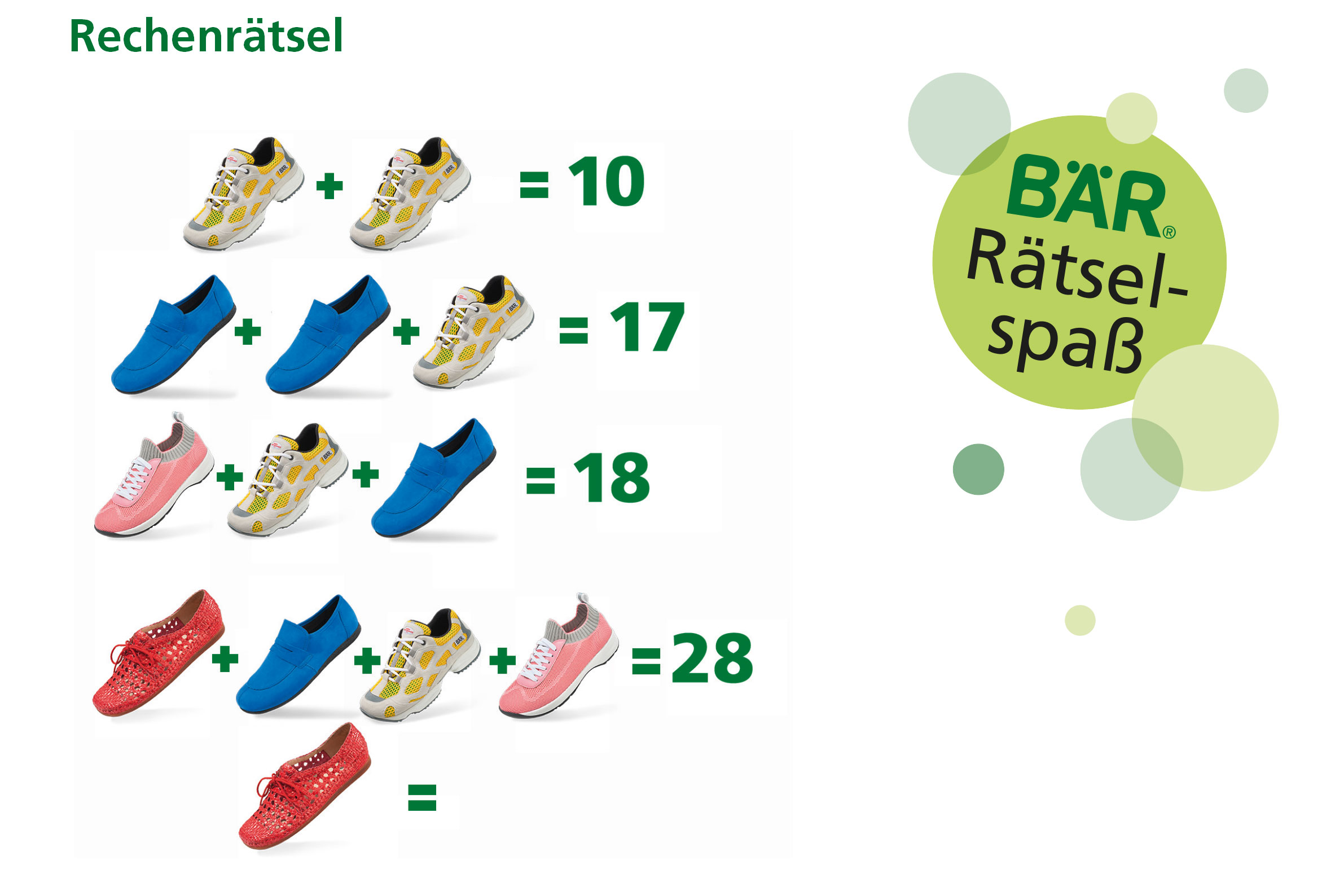 Ein Rechenrätsel mit verschiedenen Schuhen und Gleichungen, um das fehlende Ergebnis zu finden.