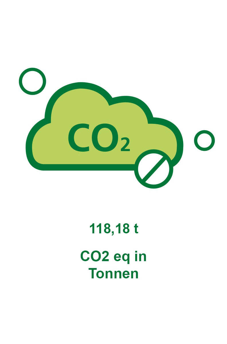 Grüne Wolke mit der Aufschrift CO2, darunter Text 118,18 t CO2 eq in Tonnen