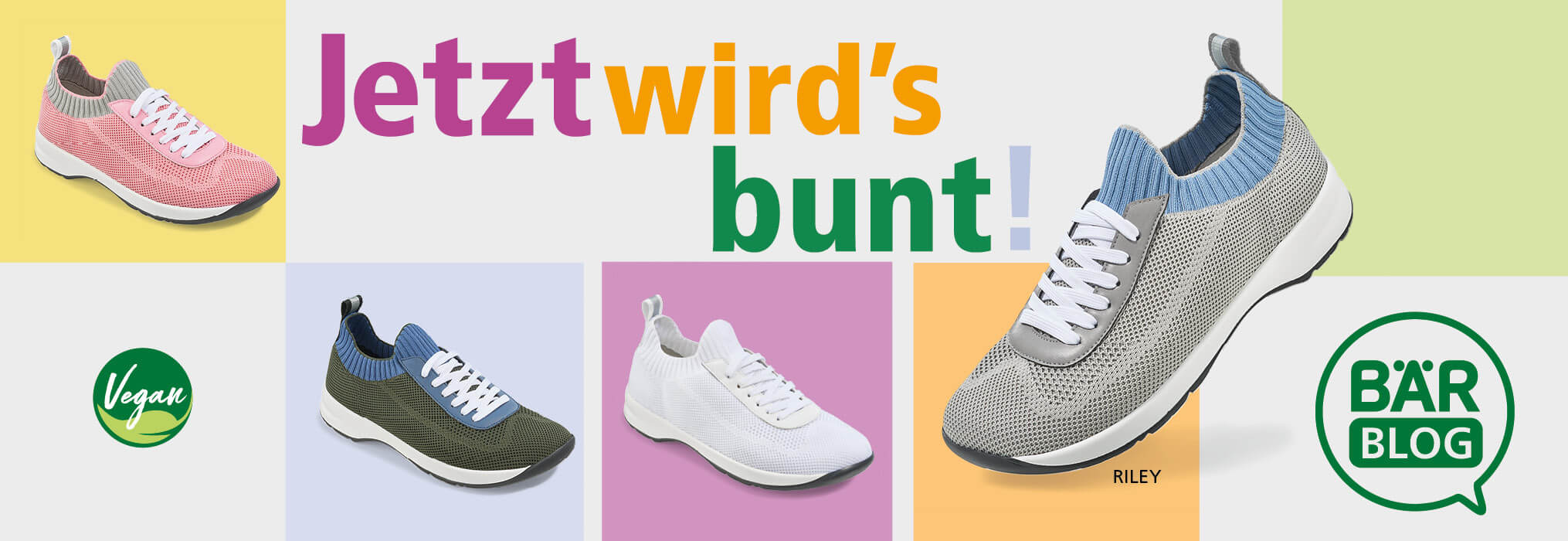 Verschiedene farbige Sneaker der veganen Kollektion von BÄR mit dem Slogan 'Jetzt wird's bunt!'