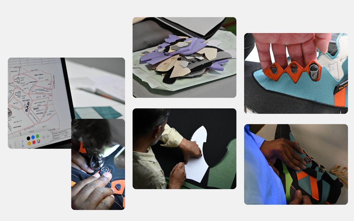 Collage verschiedener Bilder, die den Design- und Herstellungsprozess eines Schuhs zeigen, einschließlich Schnittmustern, Stoffstücken und Schuhmontage.