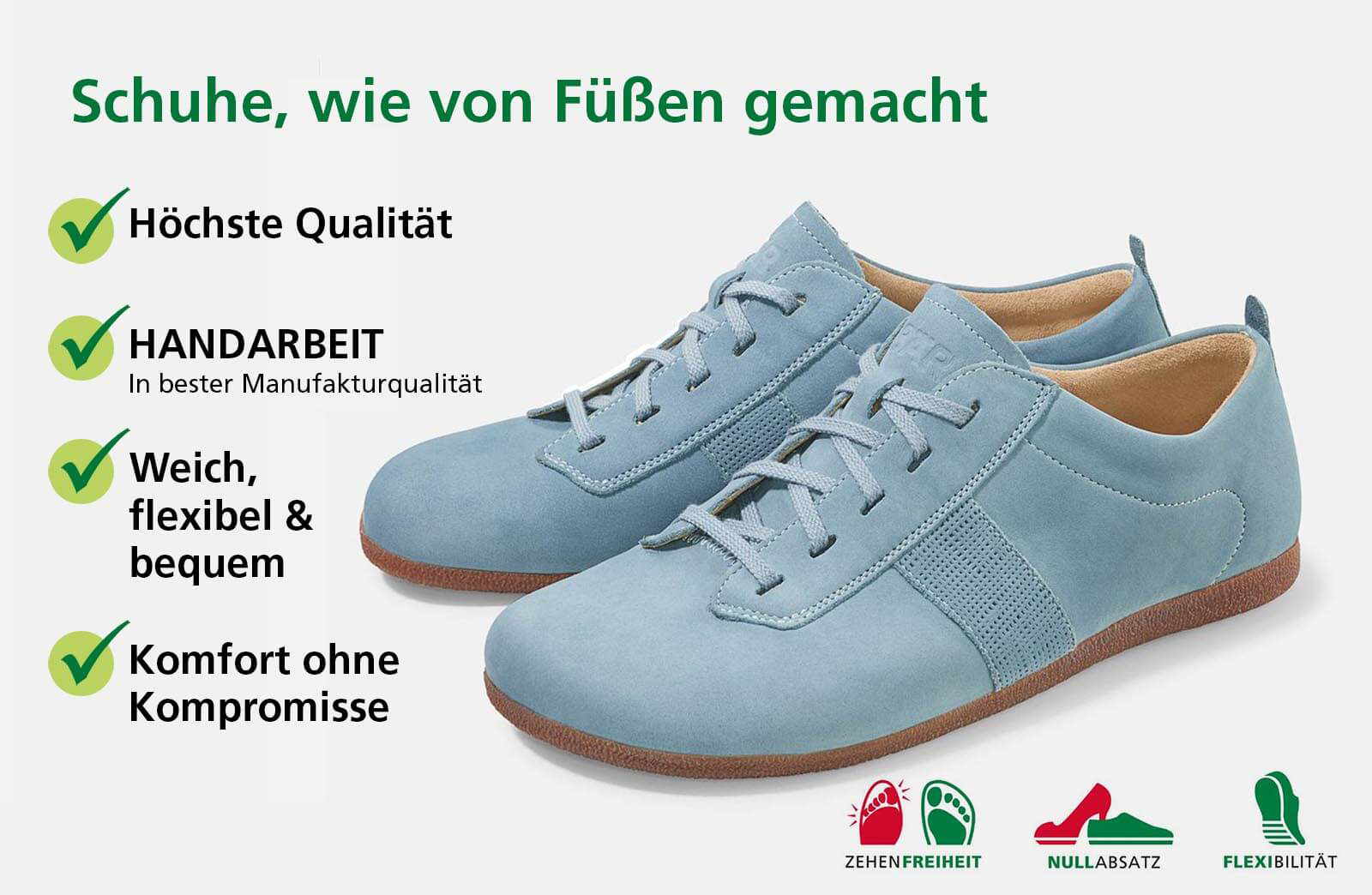 Ein Paar hellblaue Lederschuhe, handgefertigt, flexibel und komfortabel, mit Schlagworten wie höchste Qualität, Weichheit und Komfort ohne Kompromisse.