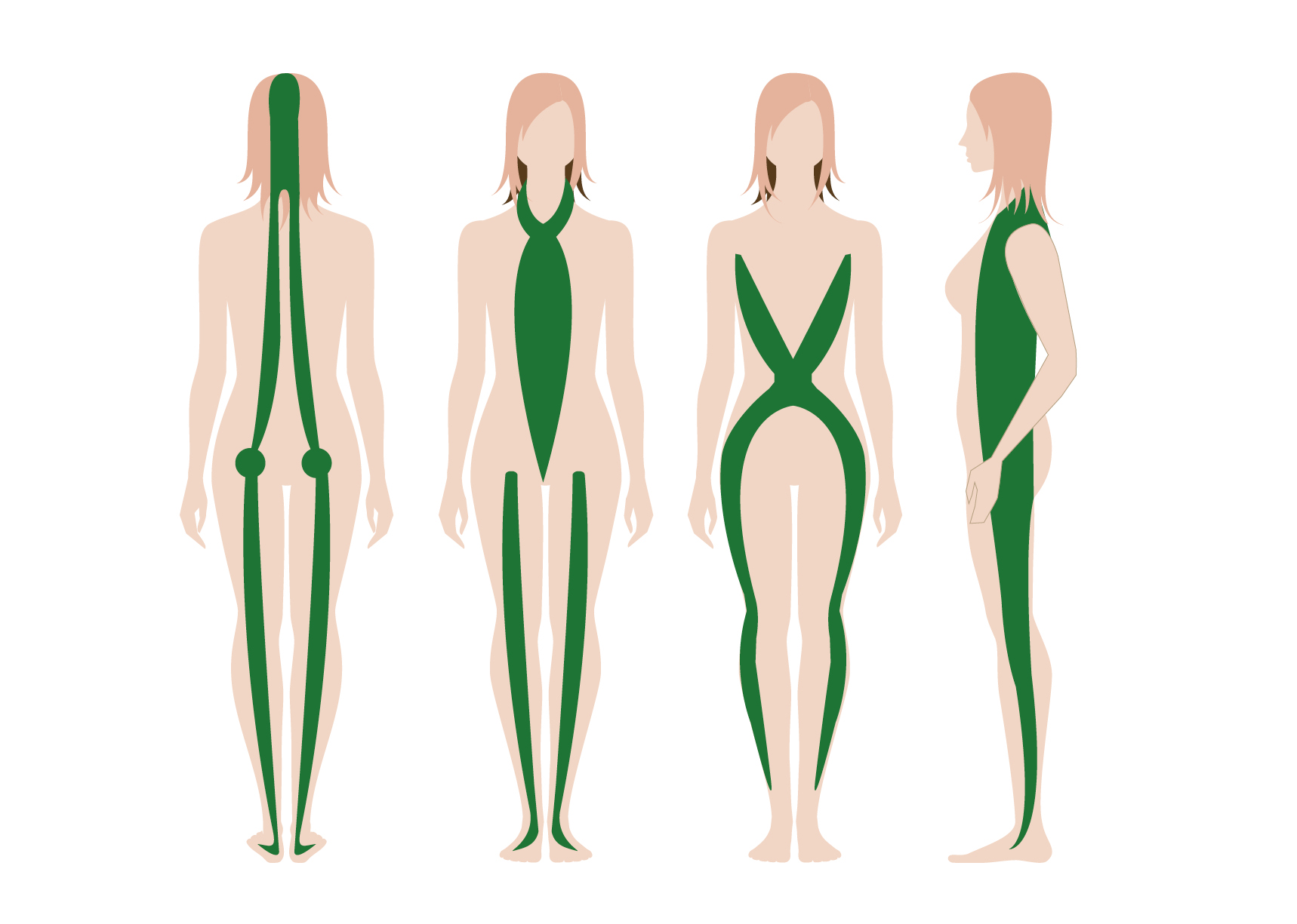 Grafik zeigt eine weibliche Figur mit markierten Bereichen von vorne, hinten und seitlich.