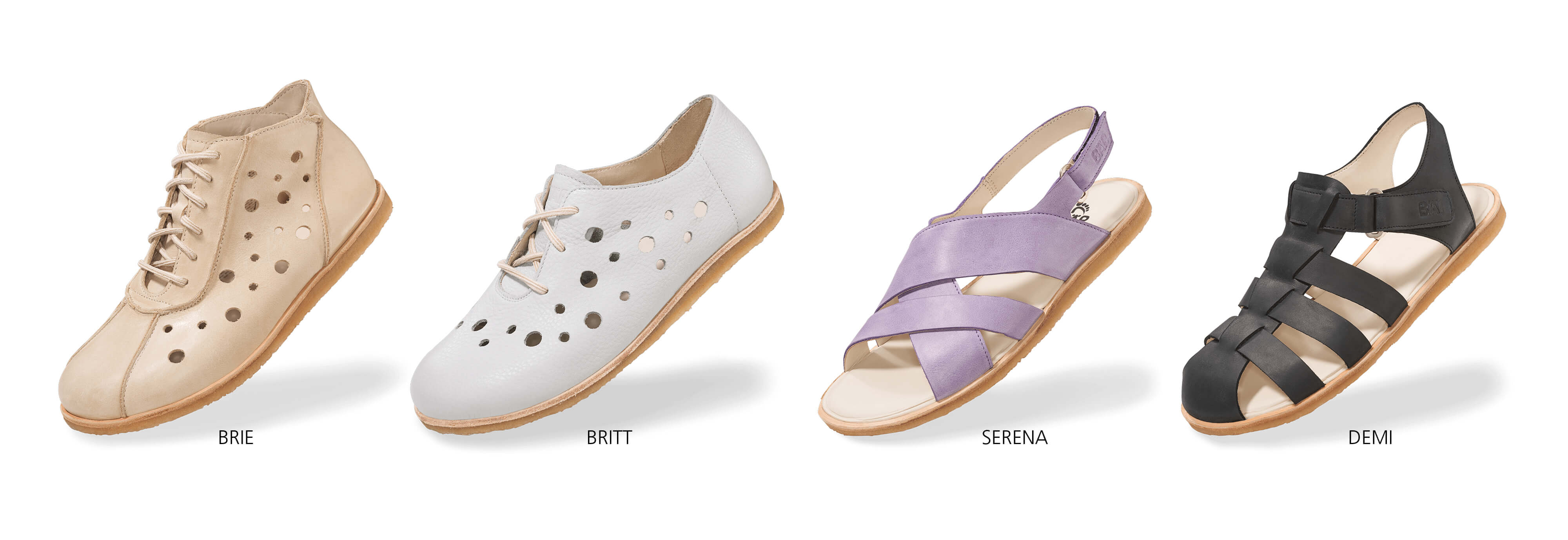 Vier ausgewählte Damenschuhmodelle, darunter geschlossene Schuhe mit Löchern und offene Sandalen in verschiedenen Farben.