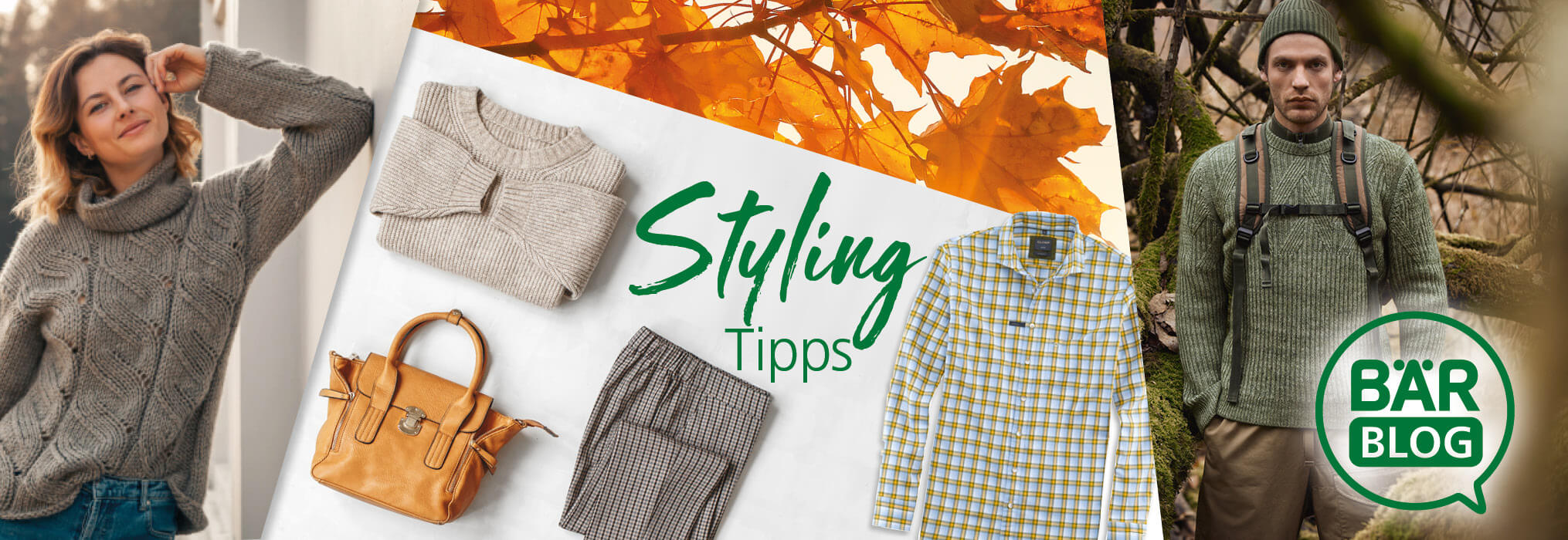 Collage mit Herbstmode: Frau in grauem Pullover, Herrenmode im Wald, beige Pullover, karierte Hemden und Ledertaschen auf weißem Hintergrund mit Laubmotiv.