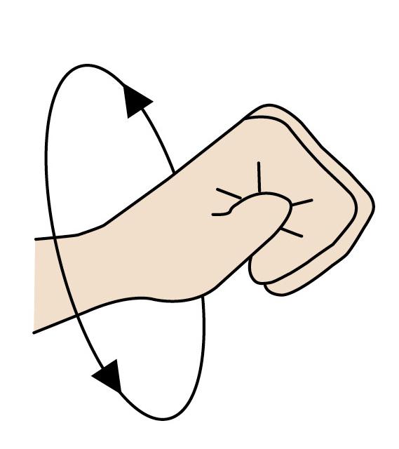 Grafik einer geschlossenen Faust mit umlaufendem Pfeil, der Handrotation für Handgelenkübungen anzeigt
