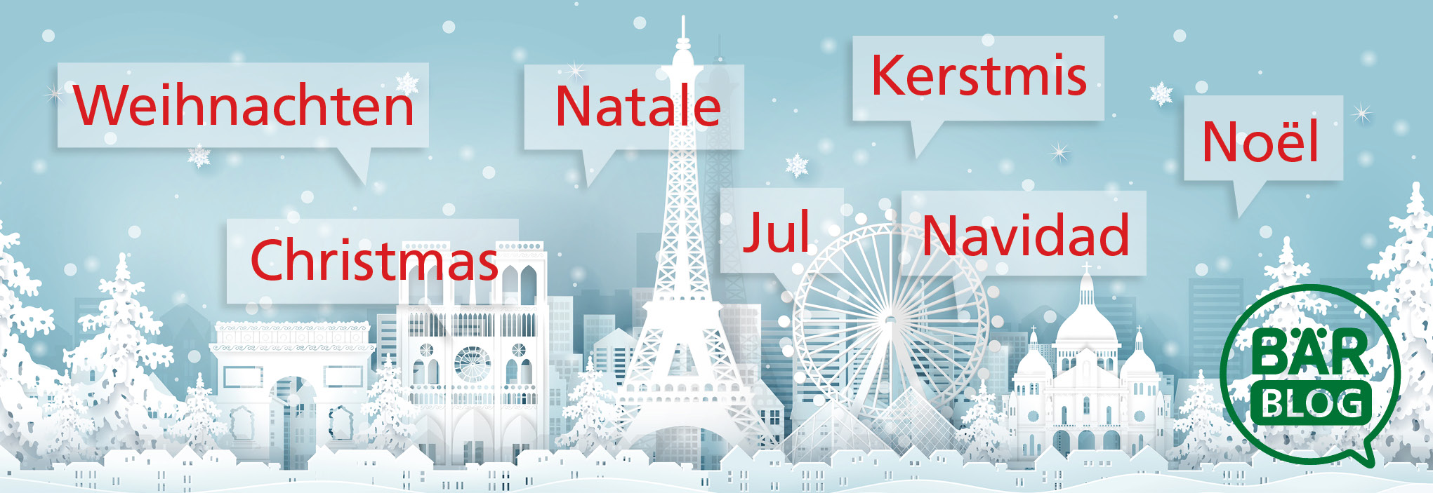 Verschneite Stadtlandschaft mit Weihnachtsbegriffen in verschiedenen Sprachen: Weihnachten, Natale, Kerstmis, Noël, Christmas, Jul, Navidad.