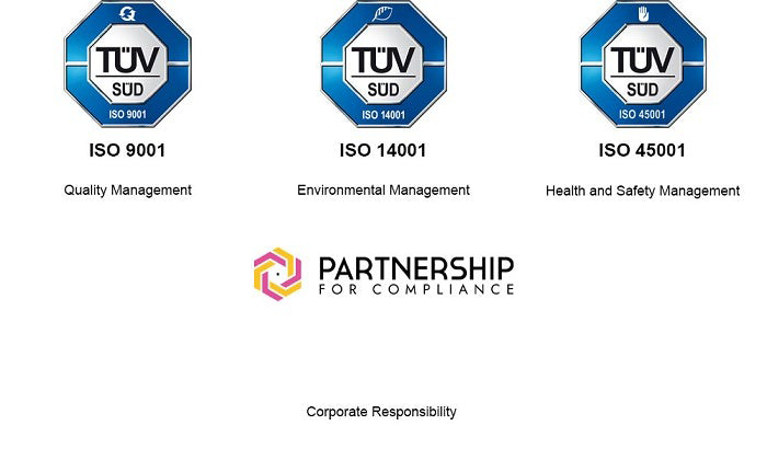 Abbildung der TÜV SÜD Zertifikate ISO 9001, ISO 14001 und ISO 45001 für Qualitäts-, Umwelt- und Gesundheitsmanagement