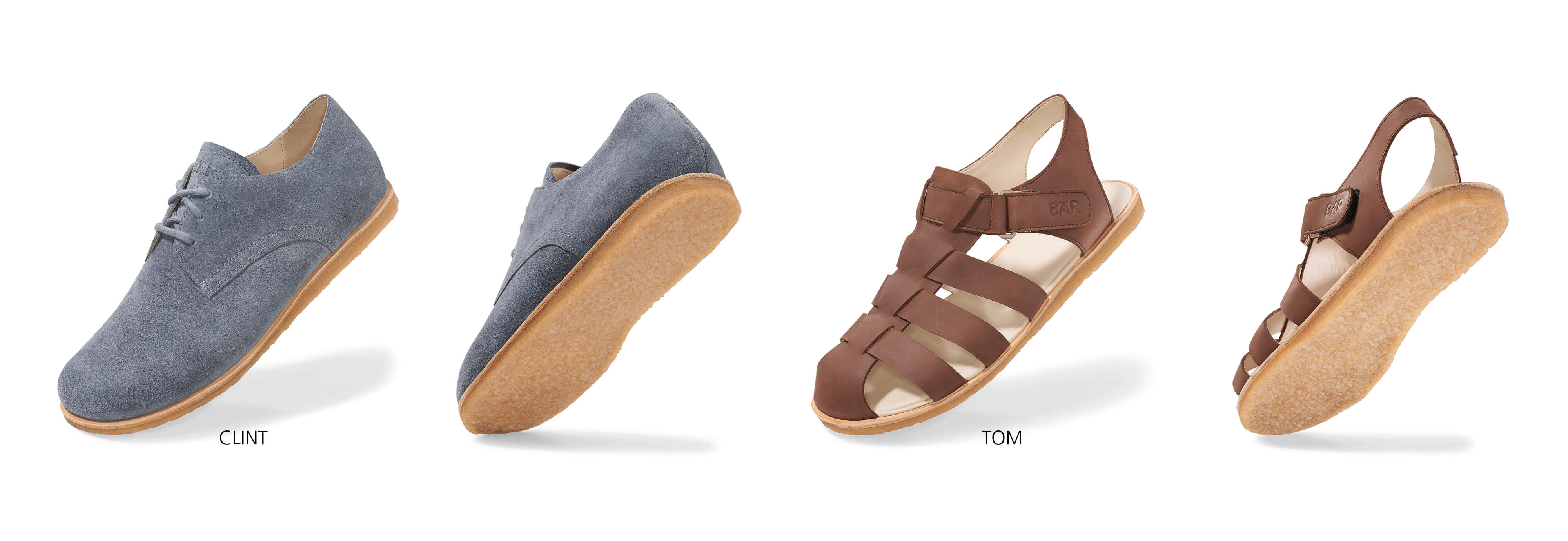 Zwei Paar Schuhe: Clint in Grau aus Wildleder mit Schnürung und Tom in Braun als offene Ledersandale mit Riemen.