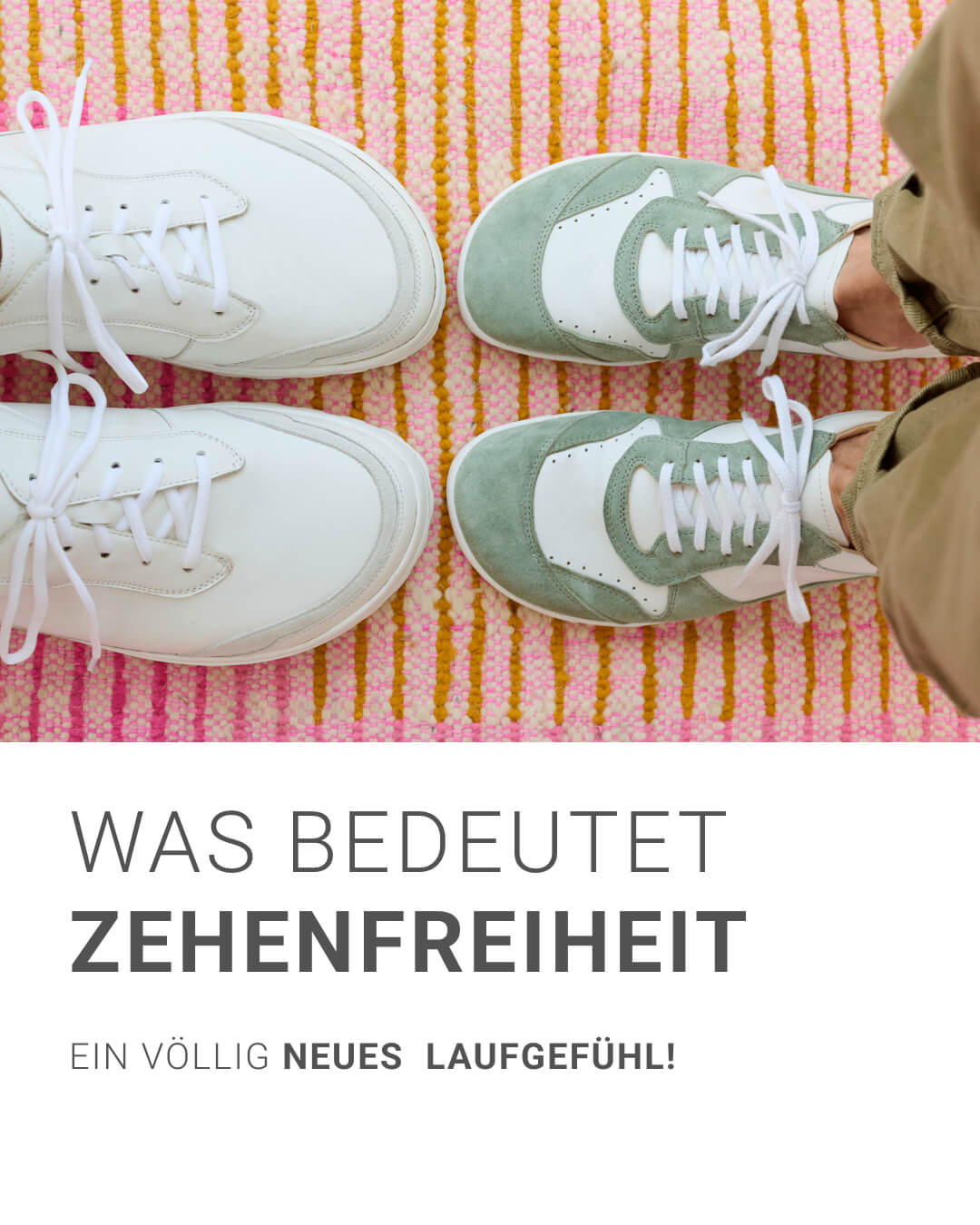 Zwei Paar Sneaker auf gestreiftem Teppich, Betonung auf Zehenfreiheit für neuen Laufkomfort