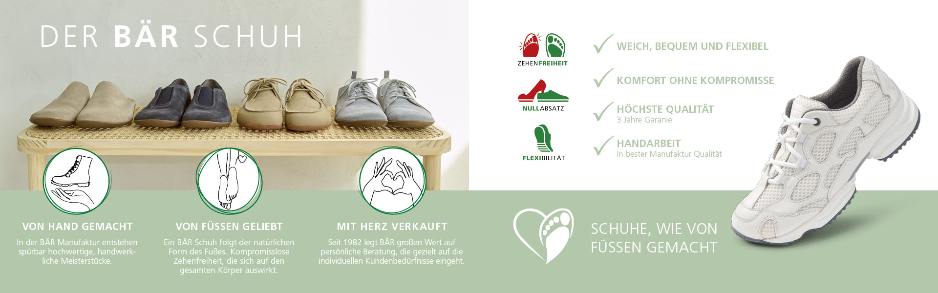 Verschiedene BÄR Schuhe auf einer Bank mit Fokus auf Komfort, Handarbeit und Qualität.