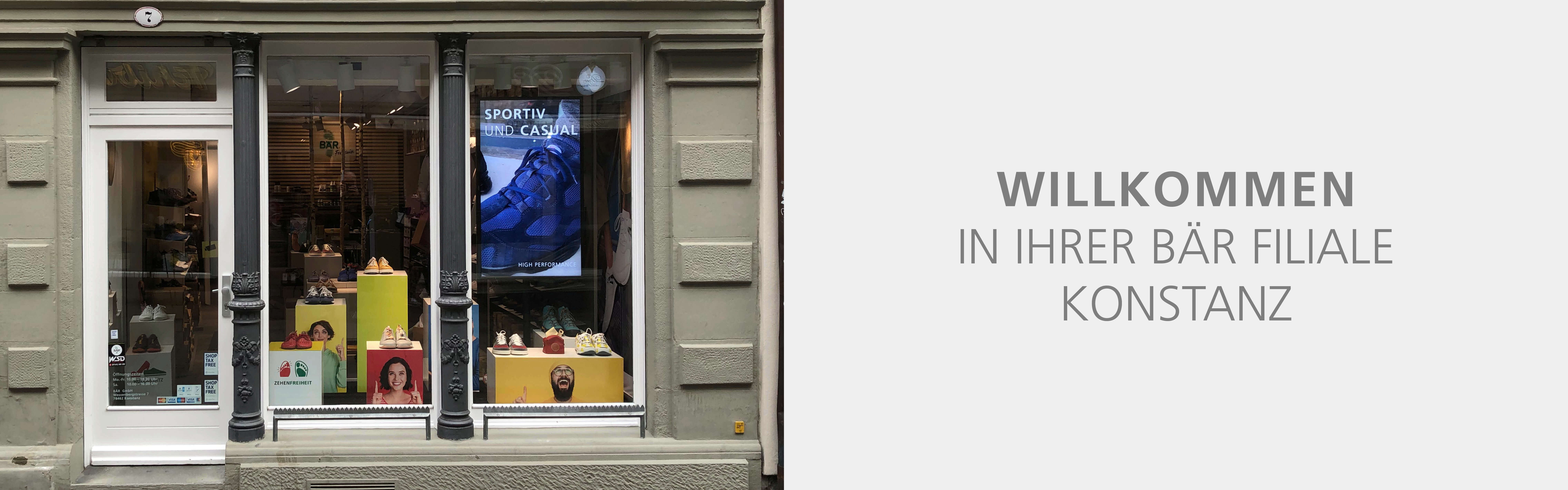 Eingang der Bär Filiale in Konstanz mit Schuhdisplay