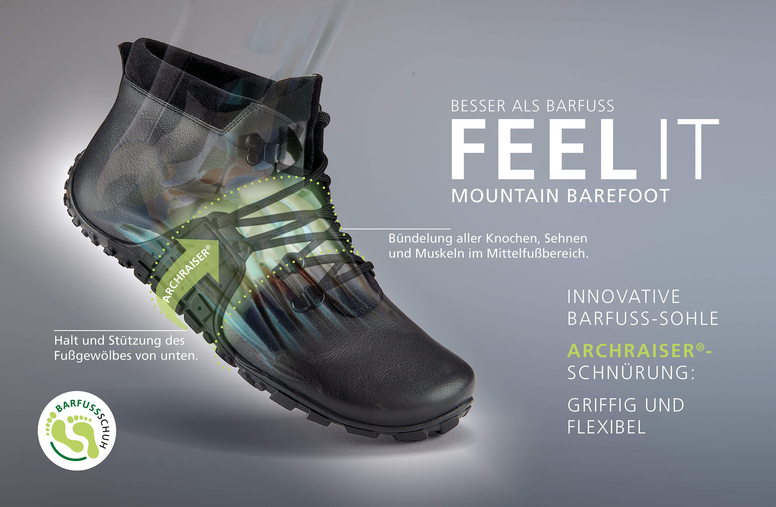 Schwarzer Mountain Barefoot Schuh mit innovativer Archraiser-Schnürung und flexibler Barfuß-Sohle