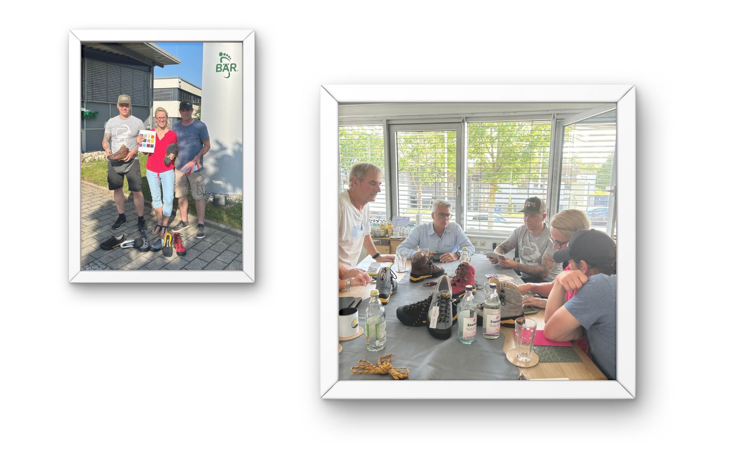 Zwei Bilder: Links drei Personen im Freien mit Schuhen in der Hand, rechts eine Gruppe am Tisch bei einer Besprechung mit Schuhen.